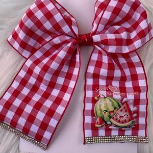 Playful Red Checkered Kids Hair Bow with Watermelon Motif